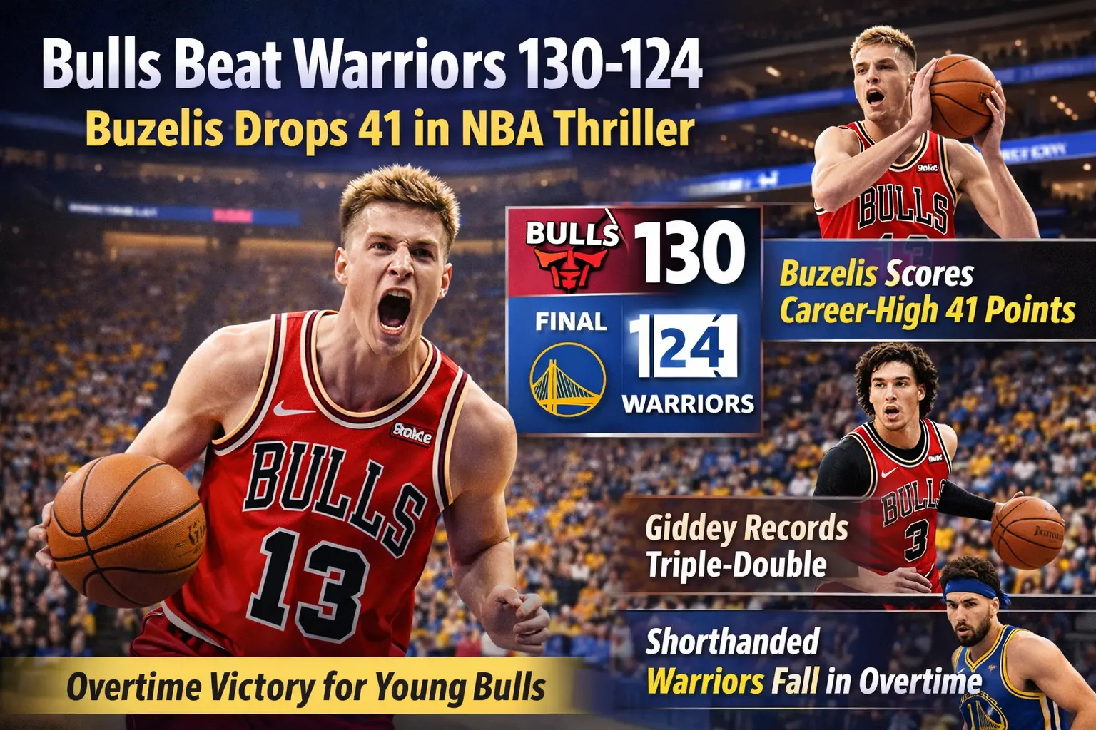 The Chicago Bulls defeated the Golden State Warriors by 130-124 in the NBA